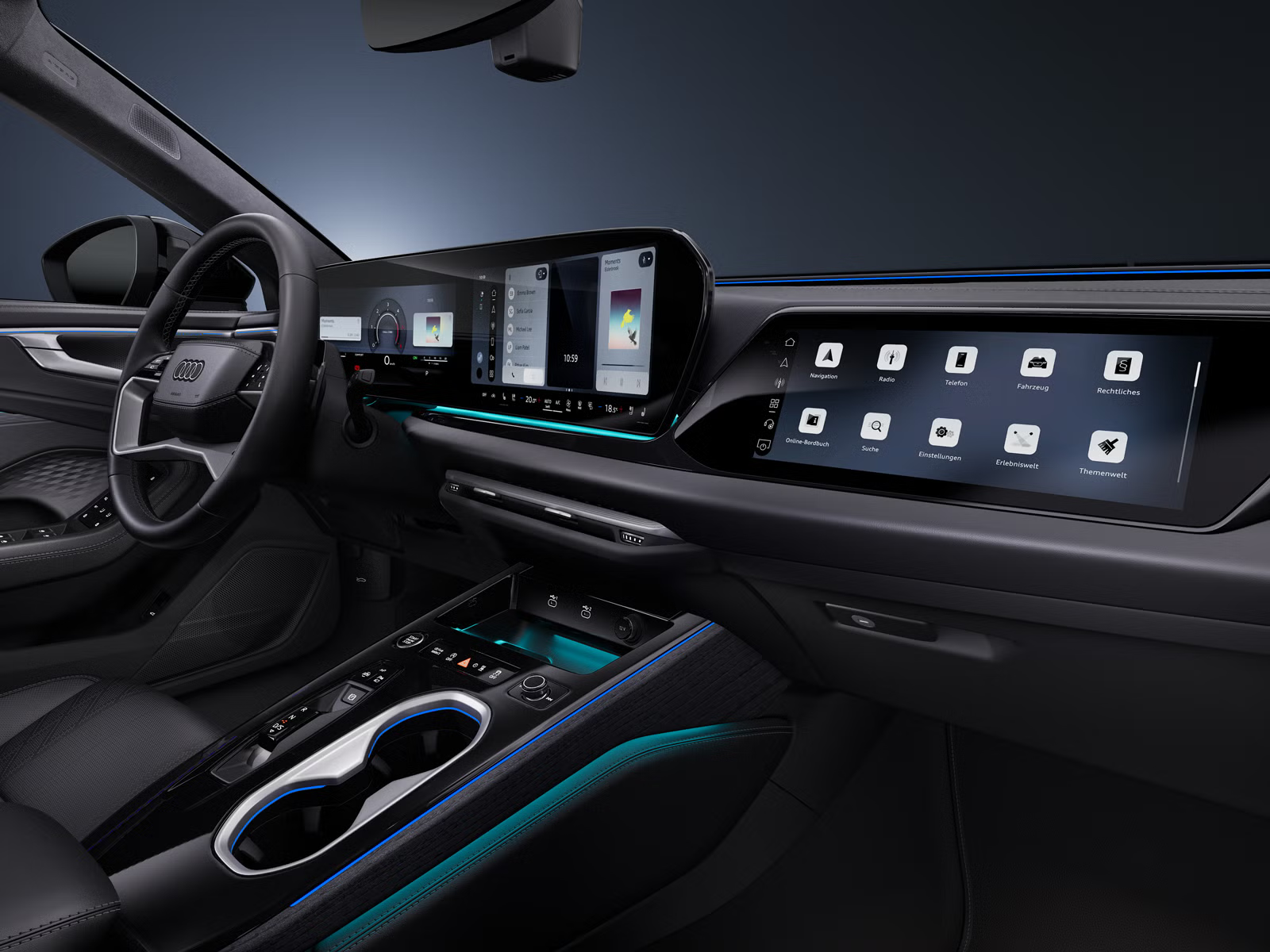Seitliche Nahaufnahme des Cockpits des Audi A6 allroad mit Fokus auf das Lenkrad und die digitalen Displays.