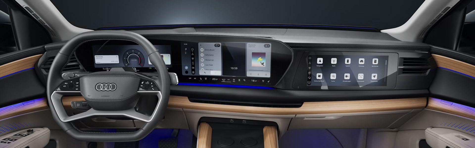 Frontaler Blick von hinten auf das Cockpit, die Sportsitze und die digitalen Displays des Audi Q7 SUV.