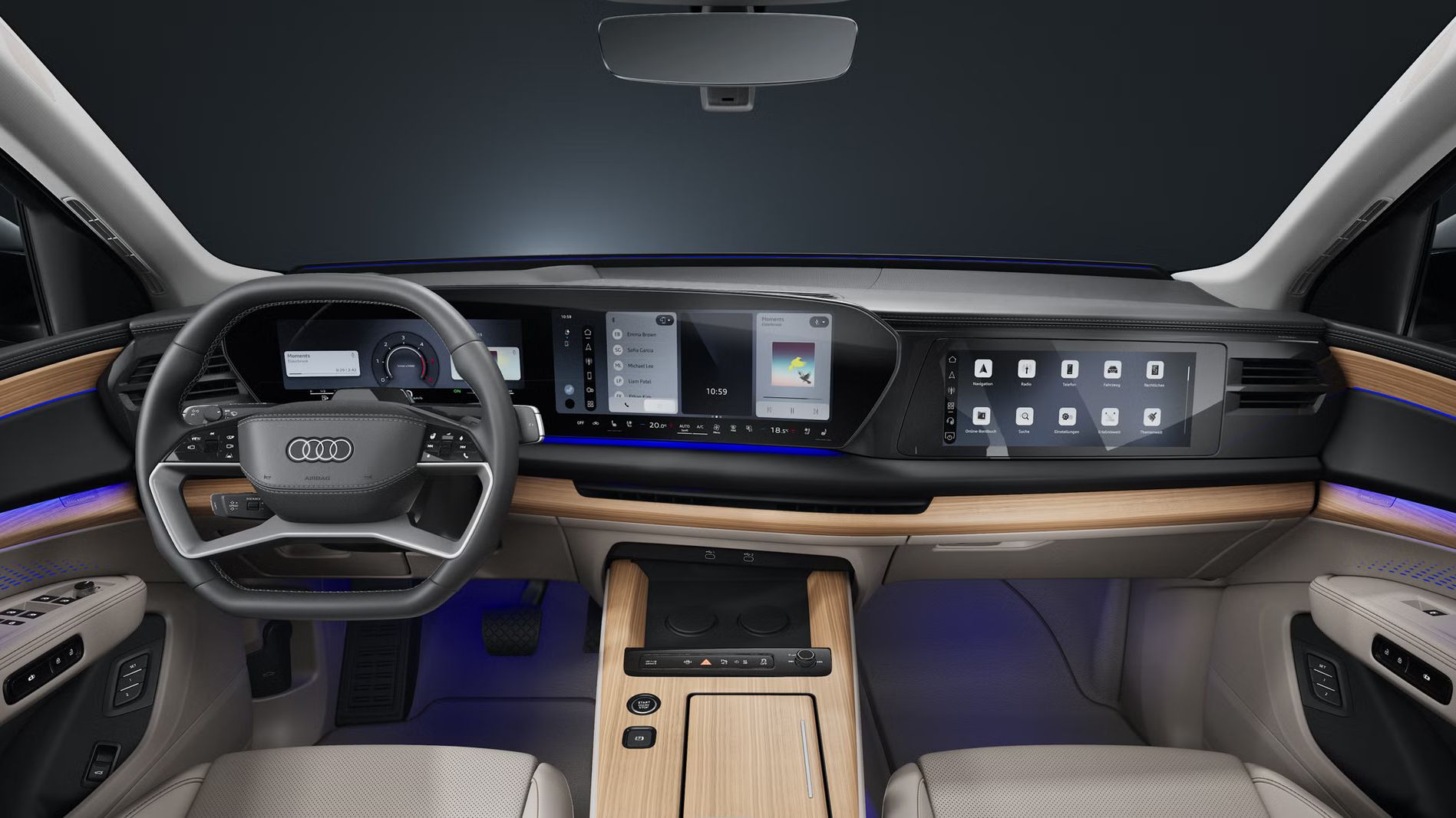 Frontaler Blick von hinten auf das Cockpit, die Sportsitze und die digitalen Displays des Audi Q7 SUV.