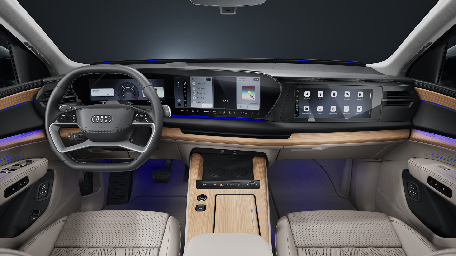 Frontaler Blick von hinten auf das Cockpit, die Sportsitze und die digitalen Displays des Audi Q7 SUV.