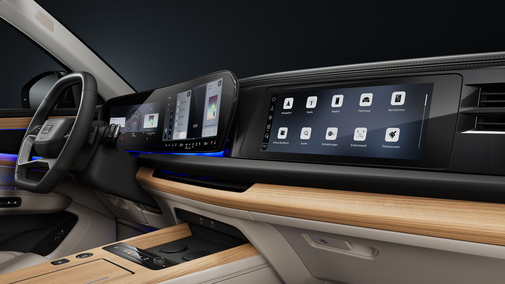 Blick auf das Cockpit von der Beifahrerseite mit dem Fokus auf die digitalen Displays im Audi Q7 SUV