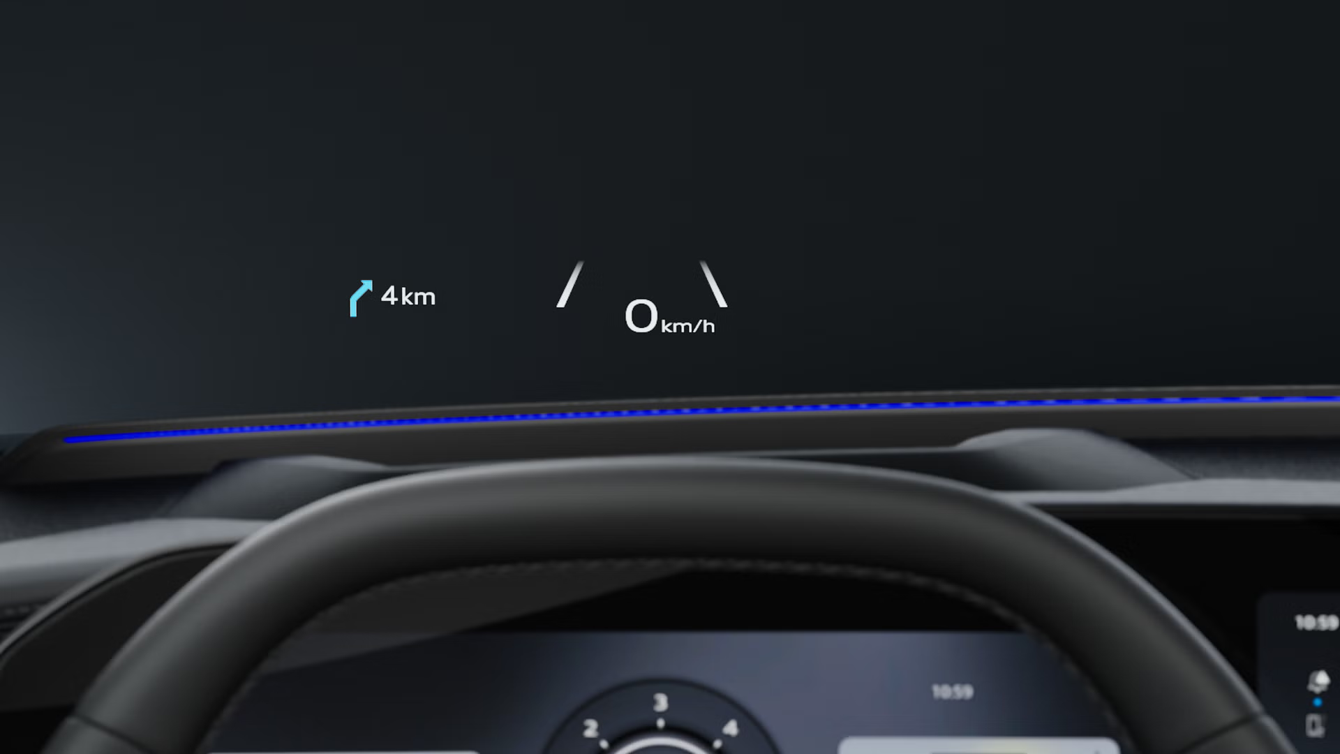 Nahaufnahme der Fahrersicht auf Lenkrad und Head-up-Display im Audi Q7 SUV